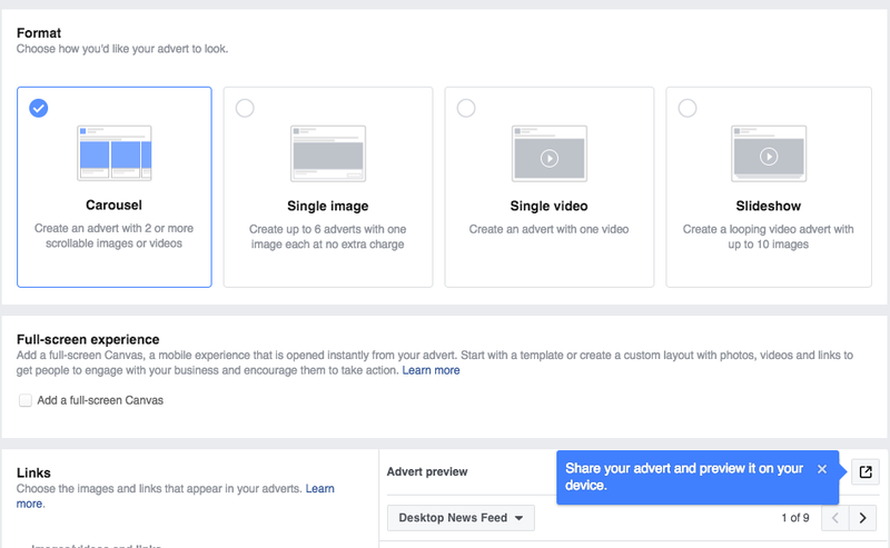 Choosing the format for Facebook Ads